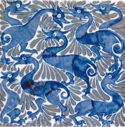 Tile with Dark Blue Bird-like Dragons amongst Foliage, 1898 by William de Morgan